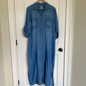 NWOT Chicos Womens Denim Maxi Dress Size 1X Blue Chambray Button Front 3/4 Slv